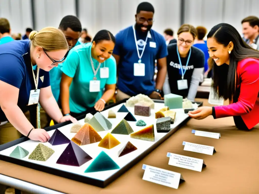 Un grupo diverso de estudiantes y educadores en una feria de minerales, aprendiendo y explorando colecciones coloridas de minerales