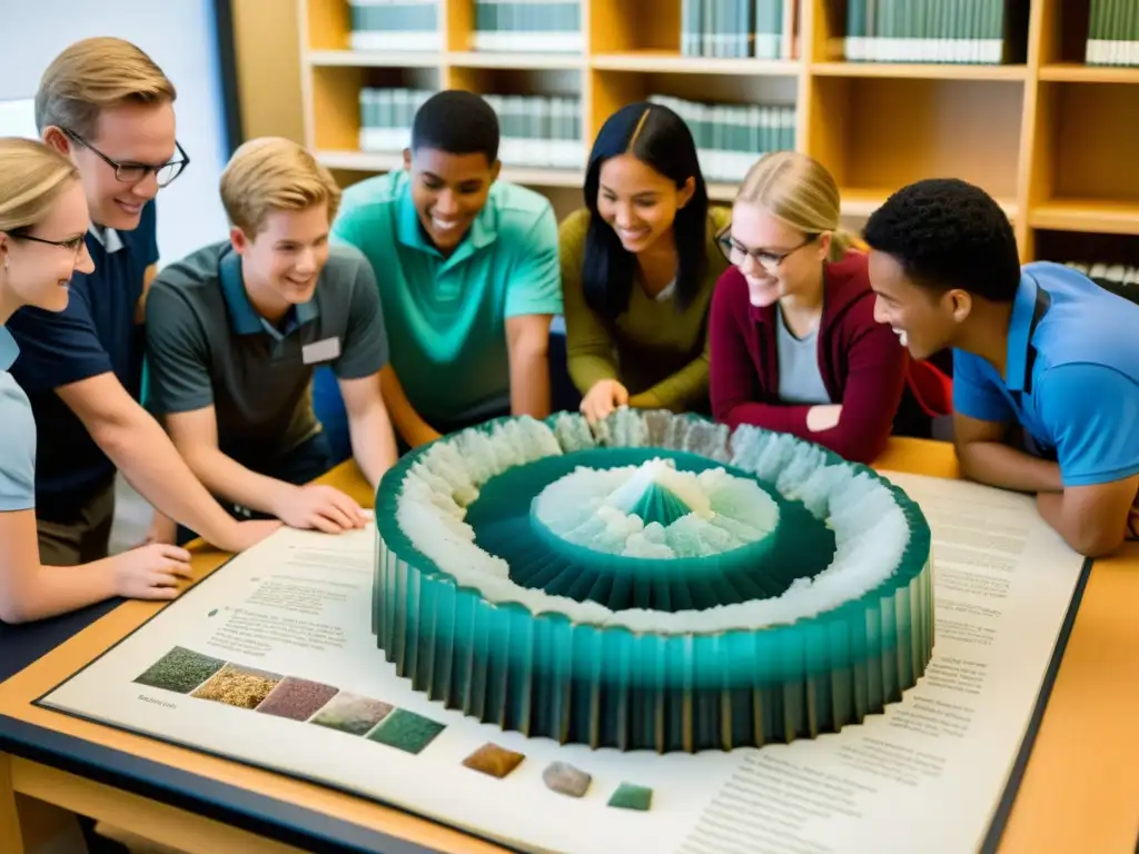 Grupo diverso de estudiantes y profesores discuten entusiastamente una enciclopedia de minerales especializados en una atmósfera cálida y acogedora