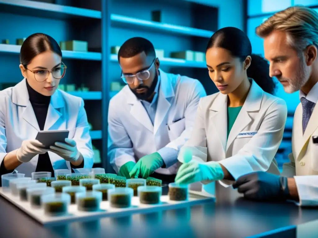 Un grupo diverso de inversores y analistas examina muestras minerales en un laboratorio