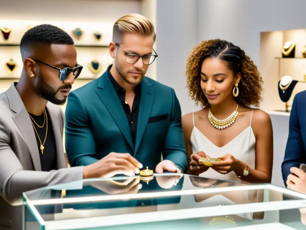 Un grupo diverso de personas examina y admira joyas en una tienda elegante, mostrando curiosidad y discernimiento