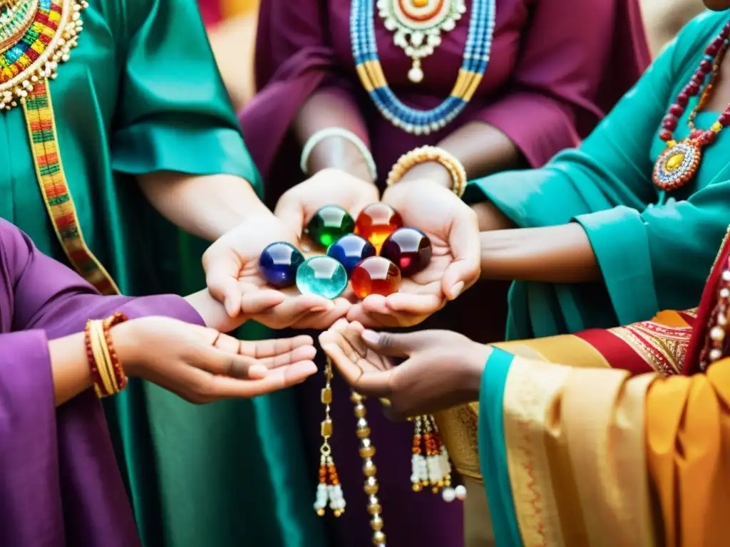 Un grupo diverso celebra el significado cultural de las piedras de nacimiento en un entorno histórico y colorido