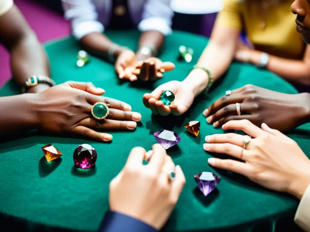 Grupo de entusiastas de gemas intercambiando conocimientos en una exposición de gemas, con colores vibrantes iluminando sus expresiones enfocadas