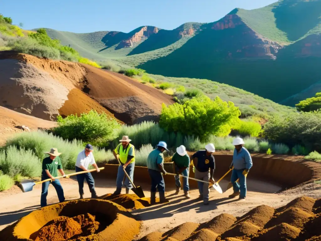 Un grupo de exmineros y miembros de la comunidad restaurando una mina abandonada, con shovels y plantas nativas