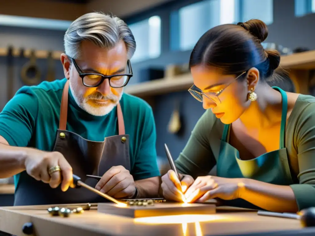 Un grupo de expertos joyeros creando joyas de vanguardia con pasión en un taller moderno, rodeados de herramientas y bocetos