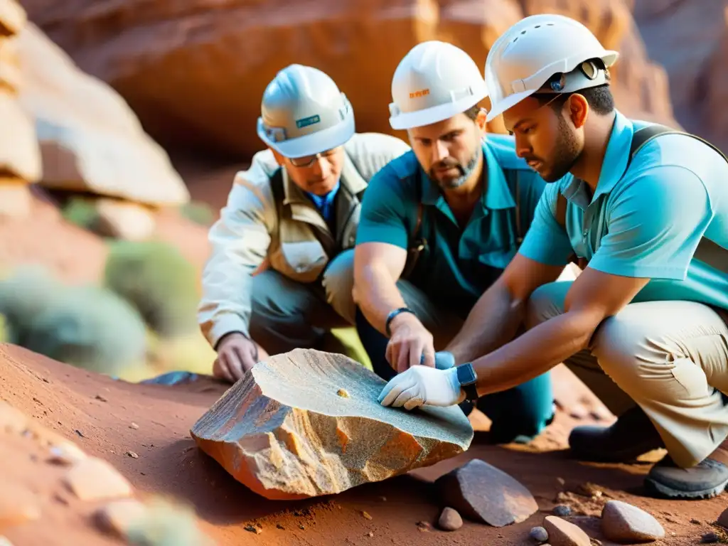 Grupo de geólogos examinando formación rocosa con herramientas, resaltando beneficios de los minerales en inversiones