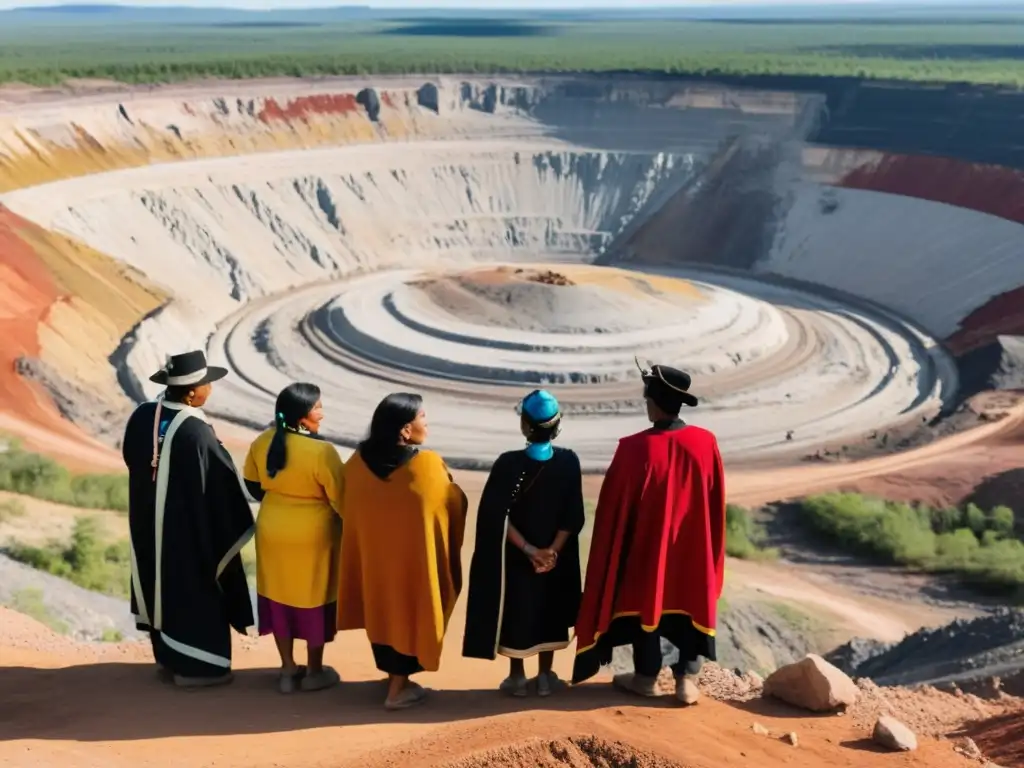 Grupo indígena observa impacto social de la extracción de minerales en su tierra, contrastando tradición con paisaje industrial