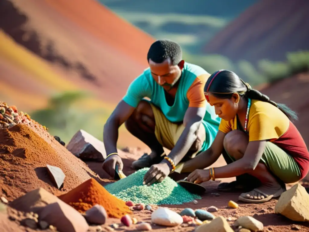 Grupo indígena extrayendo minerales en paisaje vibrante