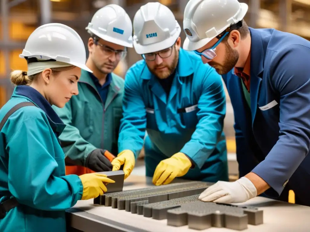 Un grupo de ingenieros y científicos en un laboratorio minero, analizando muestras geológicas y datos técnicos