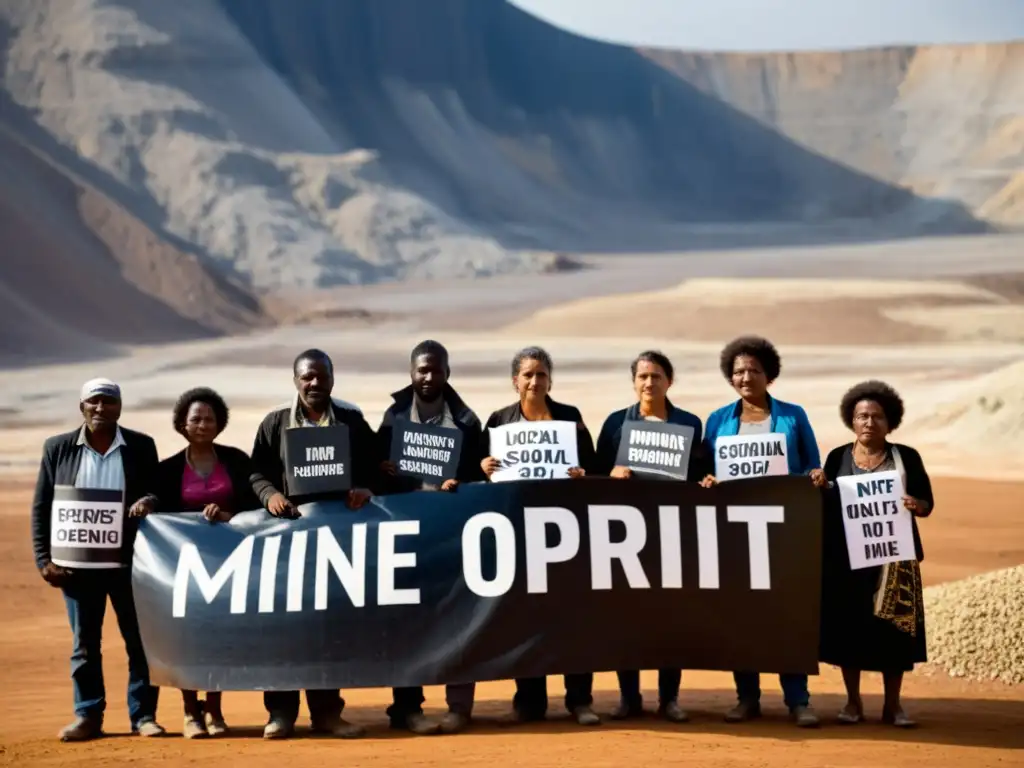 Grupo de miembros de la comunidad protestando por el impacto social de la minería en sus comunidades, mostrando determinación y preocupación