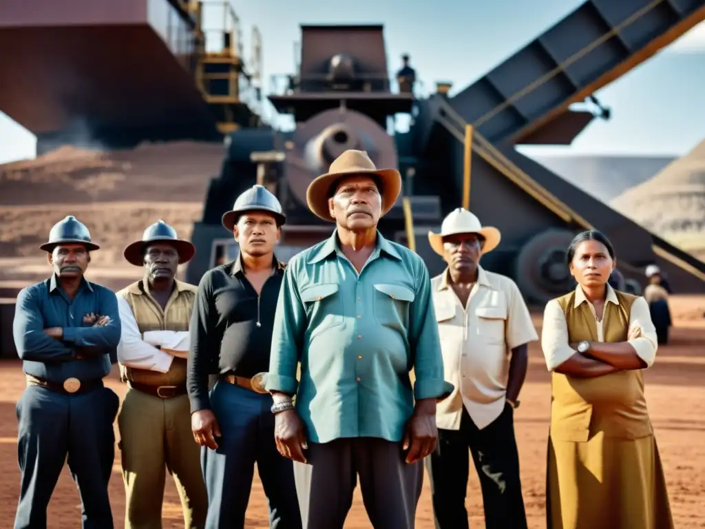 Grupo de miembros de comunidad indígena frente a maquinaria minera, reflejando determinación y preocupación