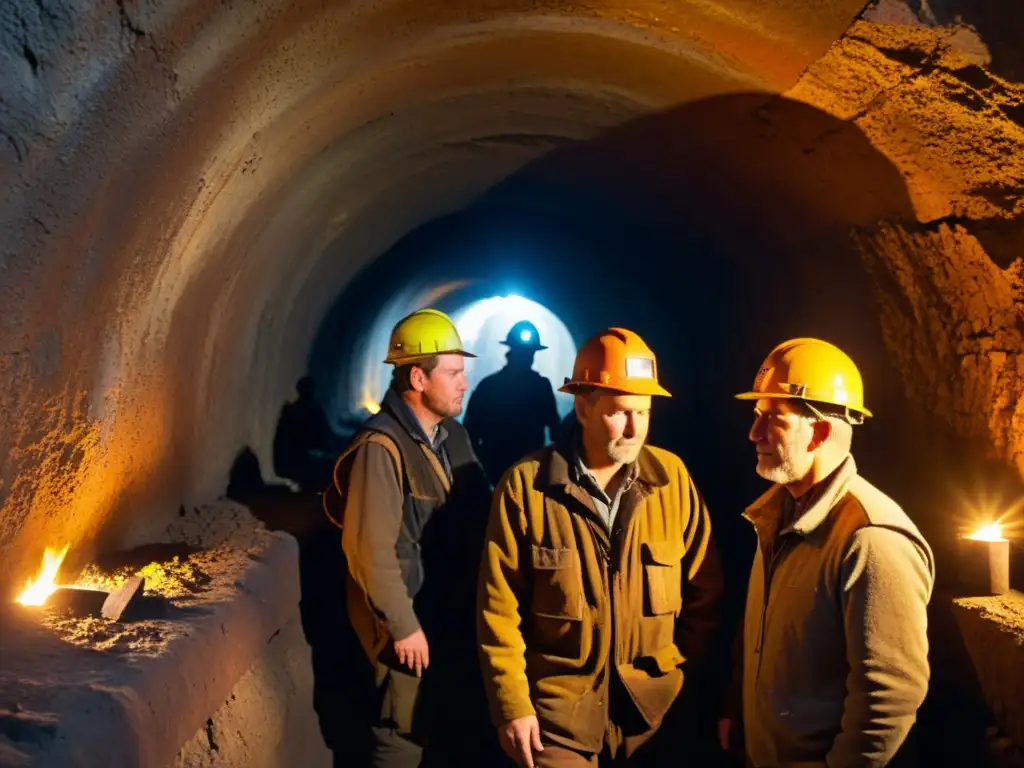 Grupo de mineros en una antigua y desgastada galería minera, iluminados por una tenue luz mientras conversan