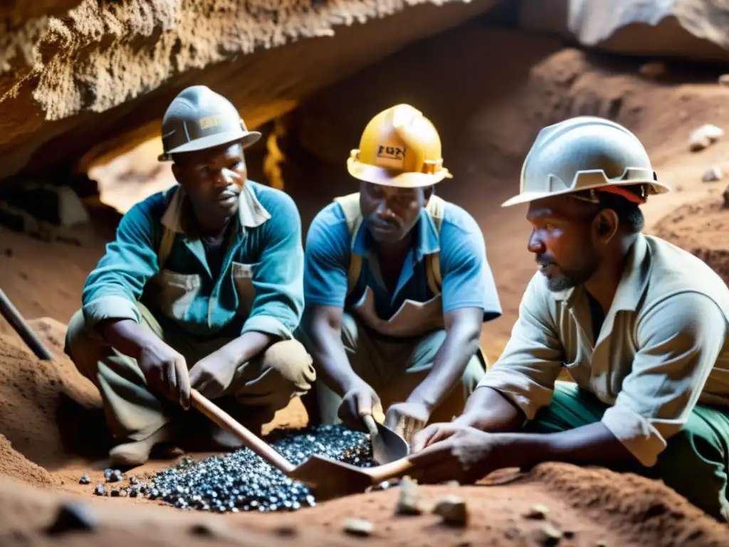 Un grupo de mineros artesanales certificados por la AJP trabajando juntos en una mina remota, con detalles impresionantes de sus herramientas, ropa y entorno