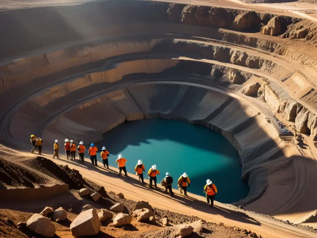 Un grupo de mineros artesanales trabaja en una mina abierta, usando herramientas tradicionales