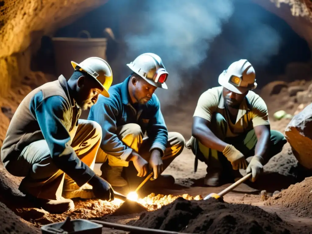 Grupo de mineros artesanales trabajando con determinación en una mina tradicional