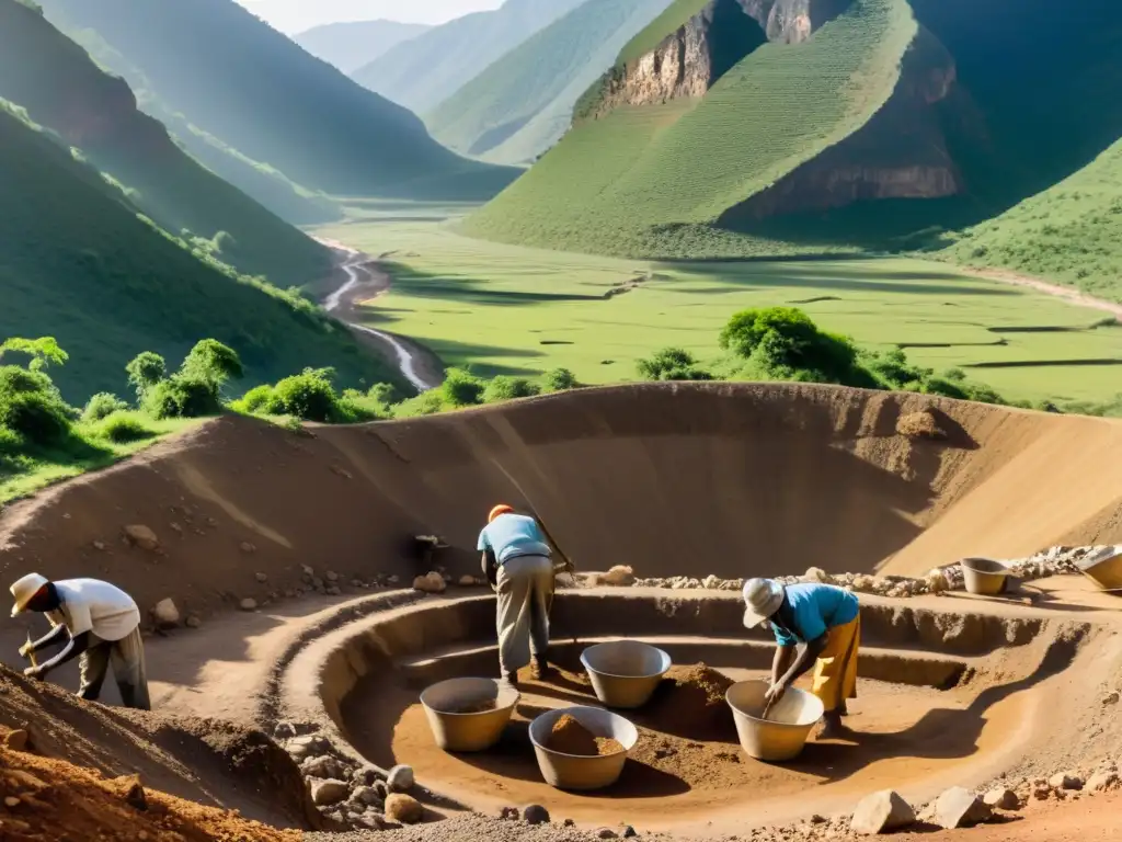 Grupo de mineros artesanales trabajando en una remota región montañosa, extrayendo minerales con métodos tradicionales