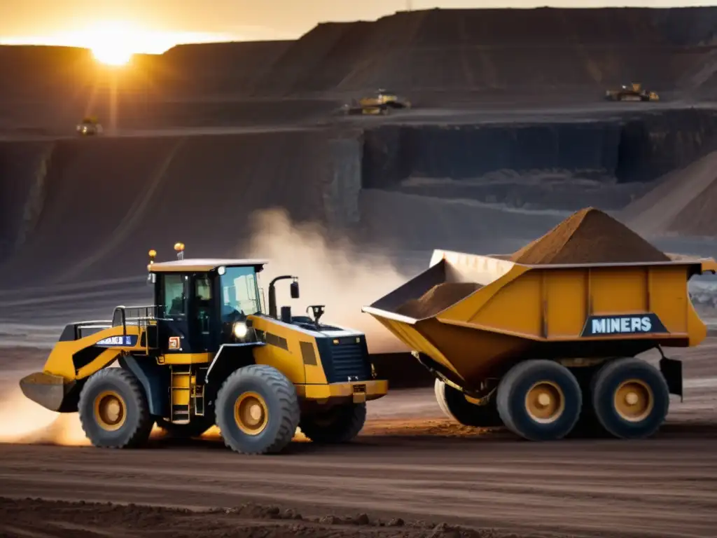 Un grupo de mineros con cascos y equipo de seguridad operando maquinaria pesada en un sitio minero industrial al atardecer