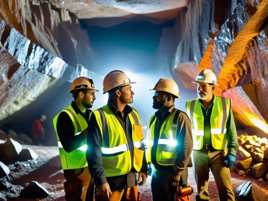 Un grupo de mineros con cascos y lámparas frontales, explorando una mina subterránea de gemas