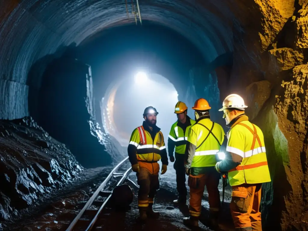 Un grupo de mineros trabajando en condiciones extremas bajo tierra, iluminados por lámparas frontales en un túnel helado y oscuro