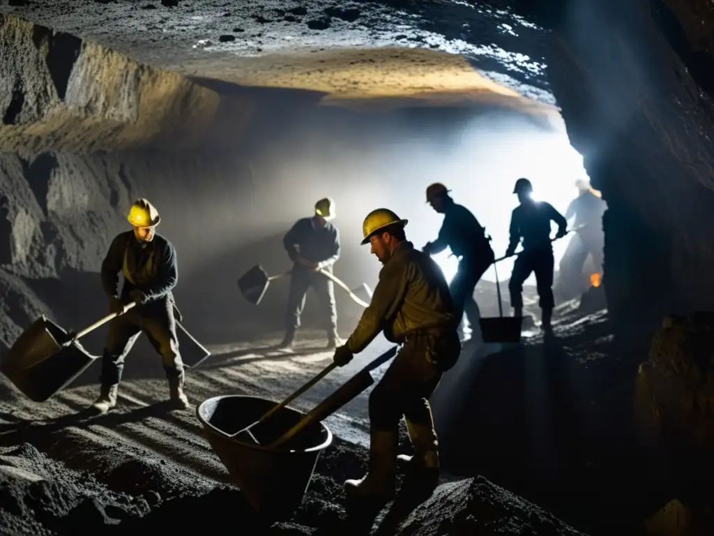 Grupo de mineros cubiertos de polvo de carbón trabajando en una mina subterránea, resaltando el impacto del carbón en la minería