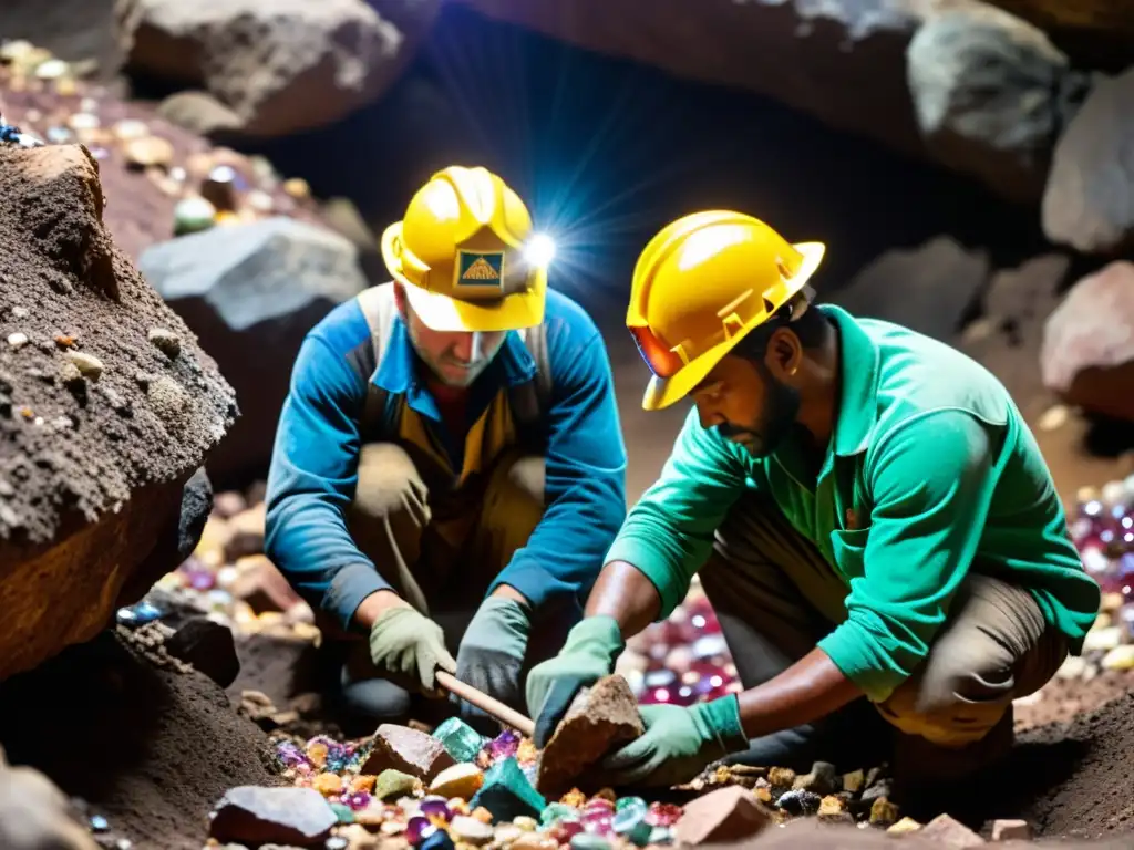 Un grupo de mineros extrae con cuidado gemas coloridas en un entorno subterráneo tenue