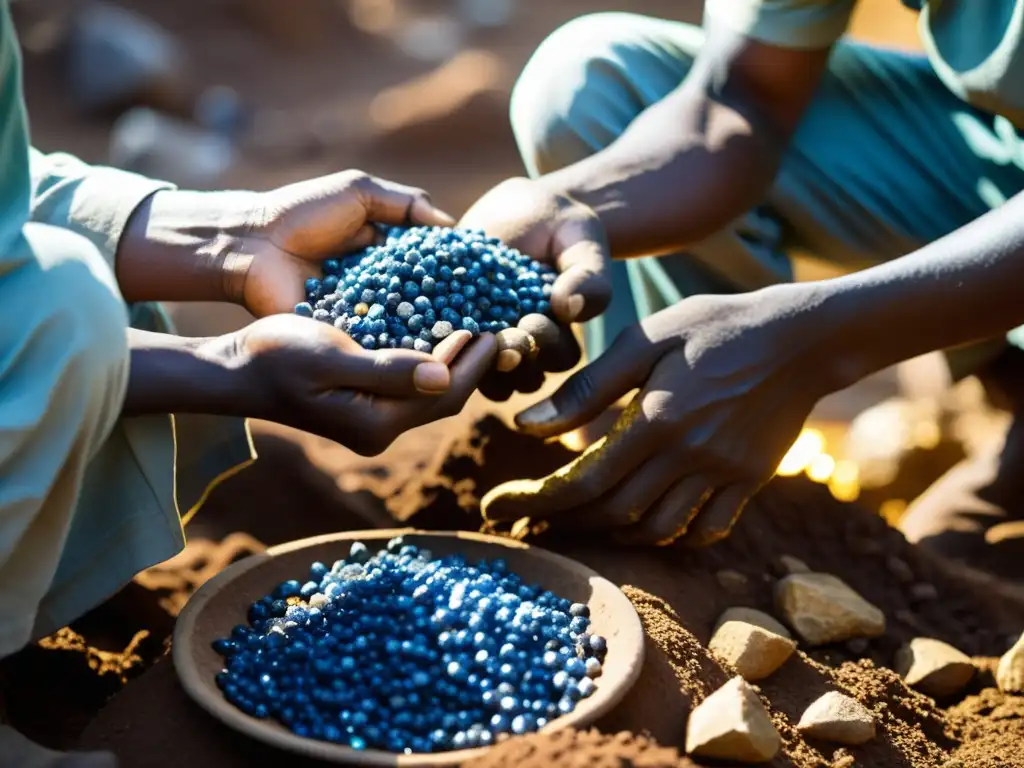 Un grupo de mineros extrae con cuidado zafiros azules de la tierra en Ceylán, resaltando la autenticidad y la ética de los zafiros de Ceilán