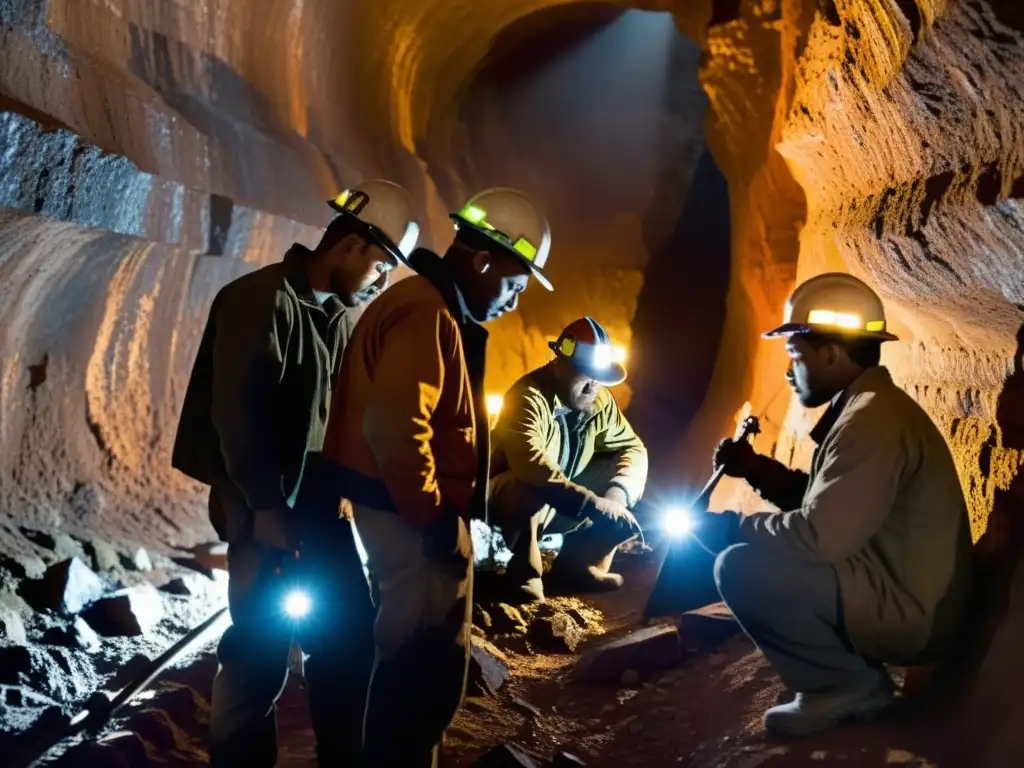 Un grupo de mineros inspecciona con detenimiento sus herramientas en un oscuro túnel subterráneo, buscando el mejor pico de minería durabilidad