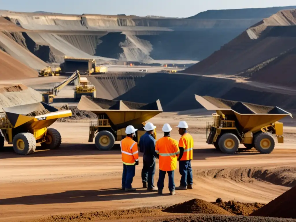 Un grupo de mineros en equipo de protección examina mina y equipo, destacando la necesidad de protección propiedad intelectual en la minería