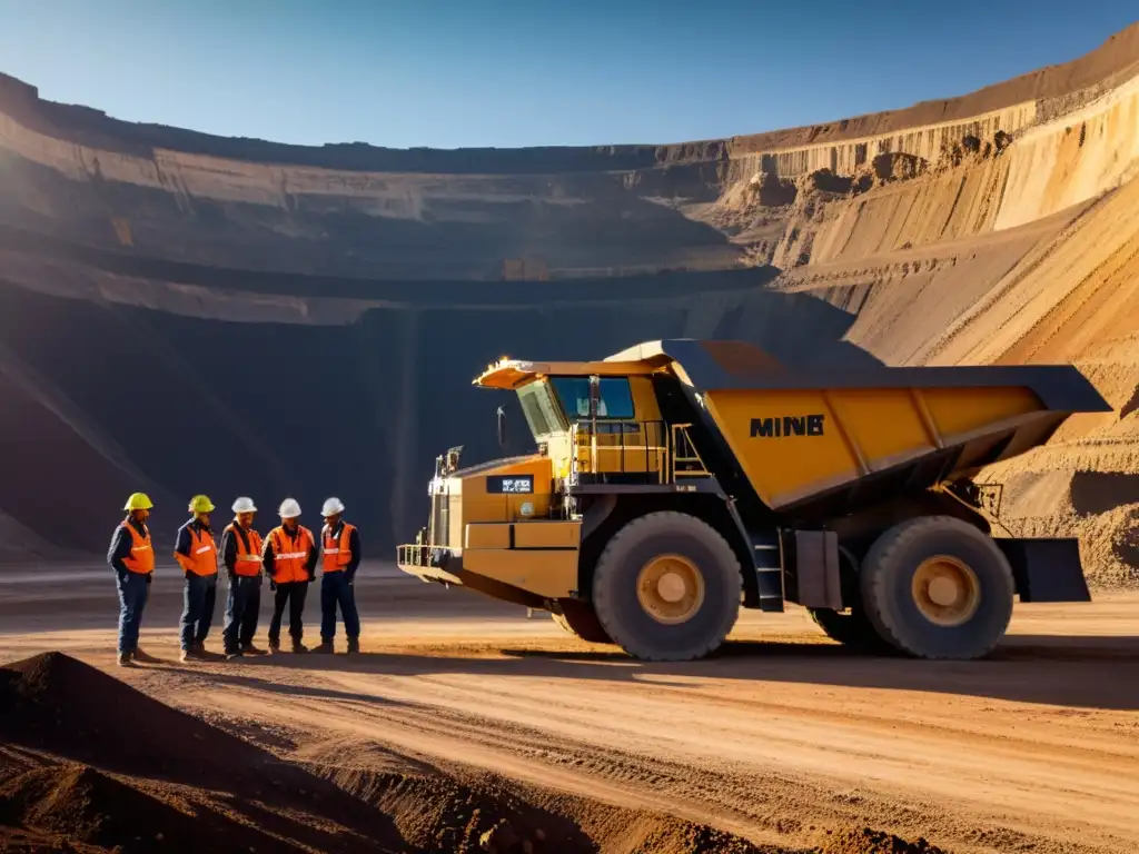 Un grupo de mineros en equipo protector y cascos, junto a un gran camión minero en una mina a cielo abierto al atardecer