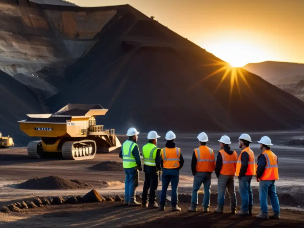 Un grupo de mineros en equipo reflectante y cascos, frente a una gran mina a cielo abierto con maquinaria pesada