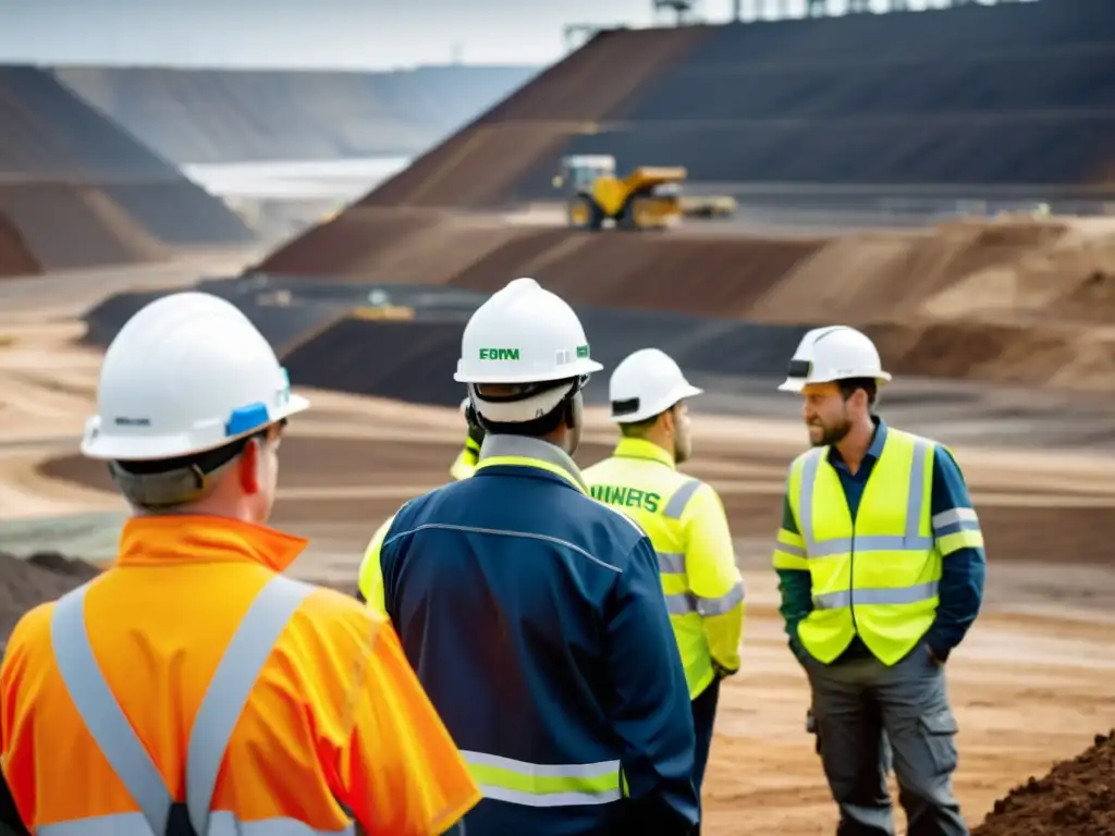 Un grupo de mineros en equipo de seguridad inspecciona una operación minera sostenible, con certificaciones de sostenibilidad en primer plano