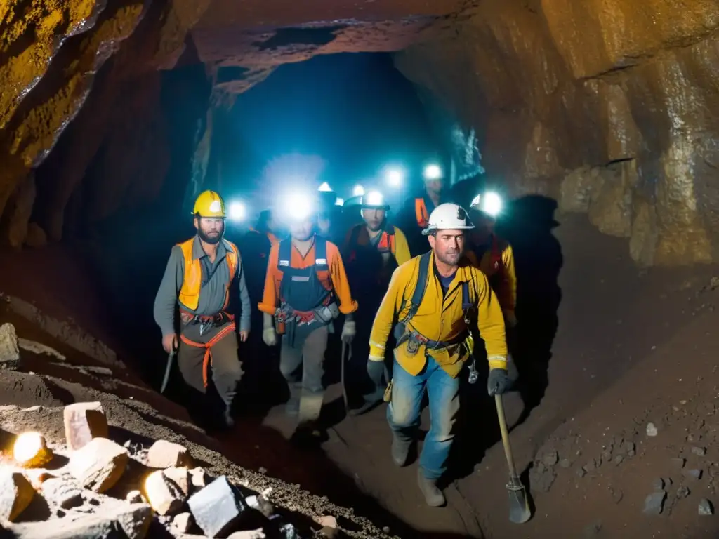 Un grupo de mineros desciende con equipos de seguridad en una mina de gemas, resaltando la importancia de la seguridad en la minería de gemas