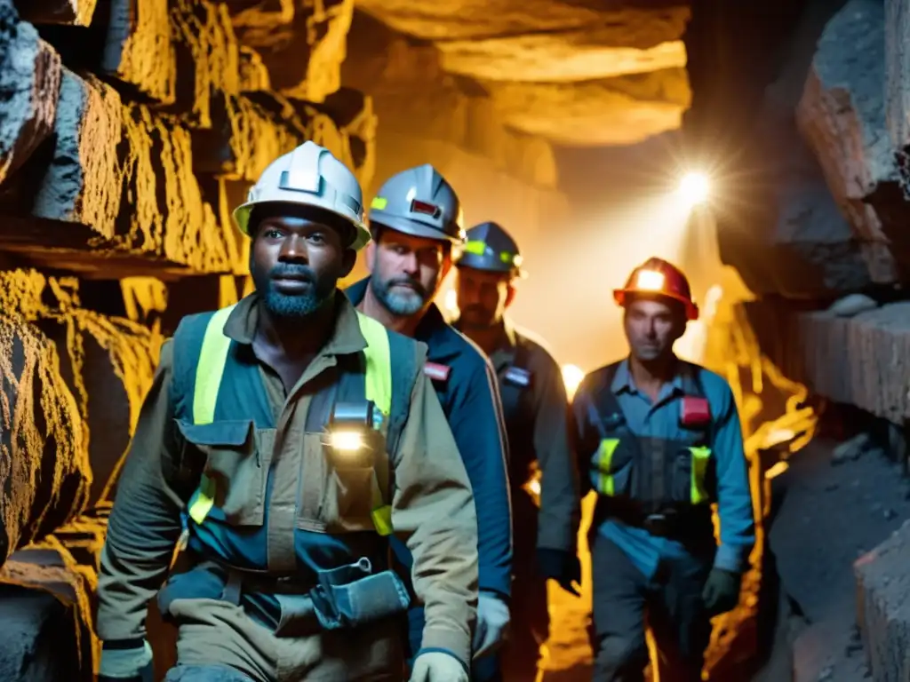 Un grupo de mineros desciende con equipos de seguridad en una oscura mina de gemas