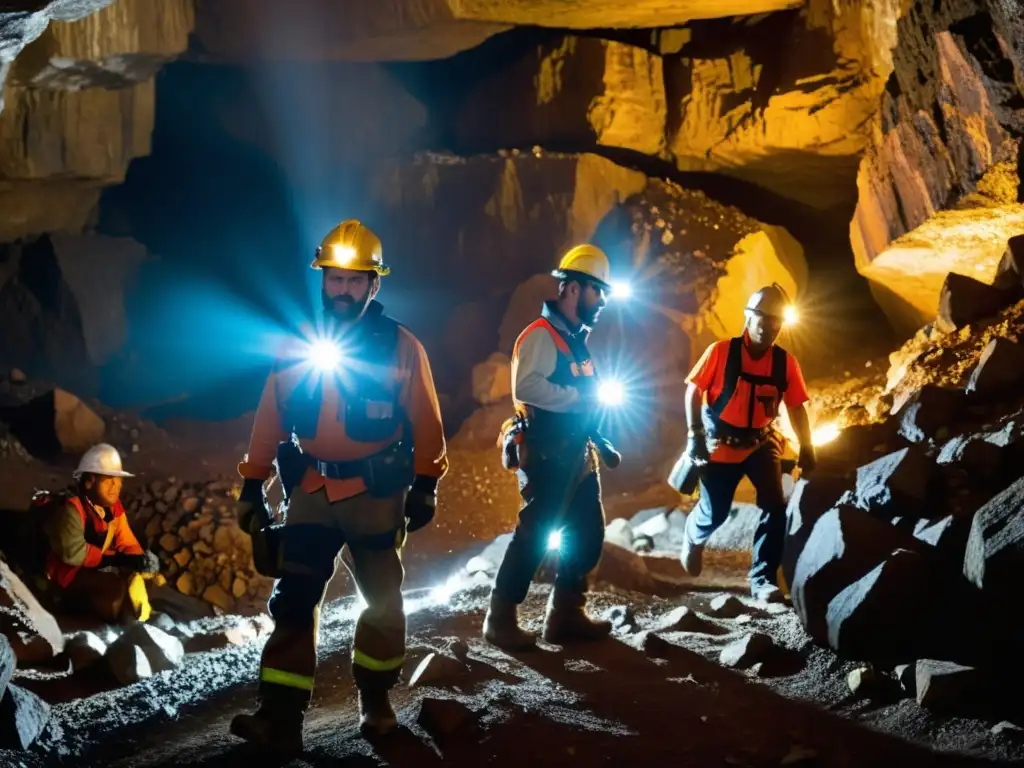 Un grupo de mineros desciende con equipos de seguridad en una mina de gemas, mostrando determinación en su rostro