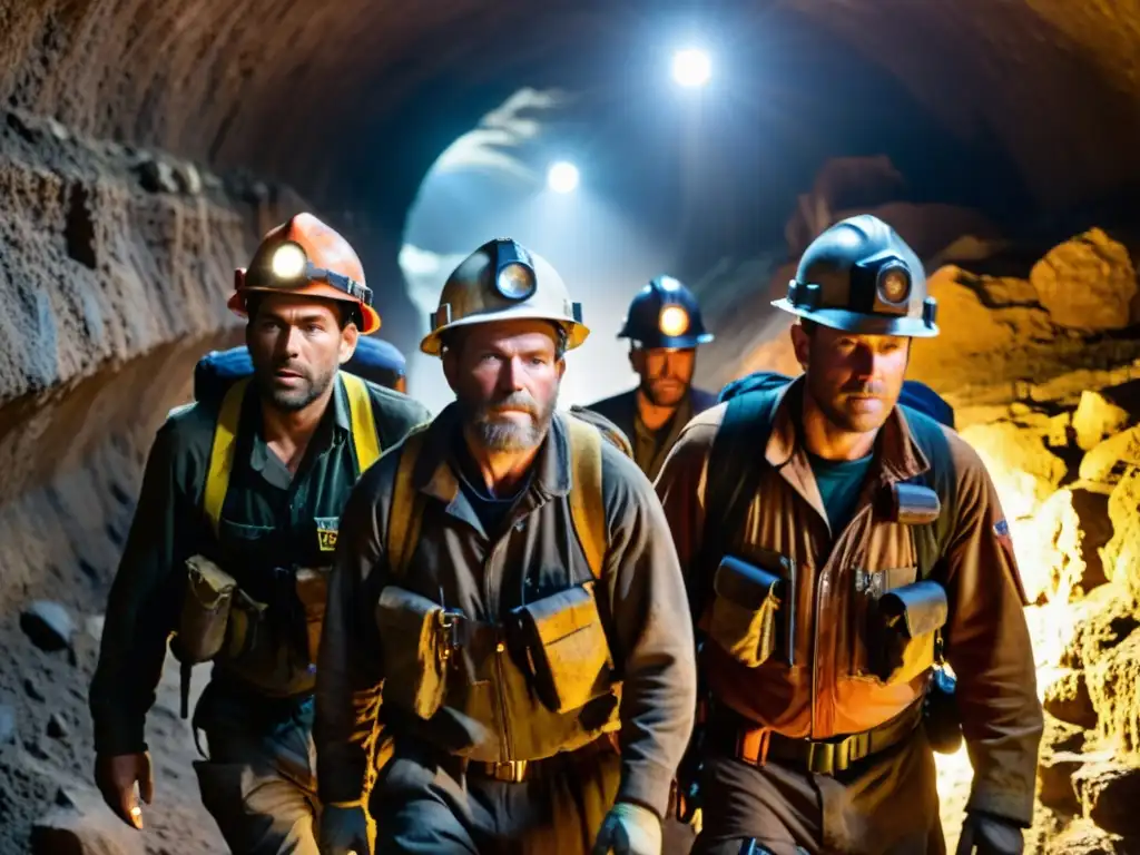 Un grupo de mineros con experiencia avanza por un túnel oscuro y angosto, cargando mochilas con equipo para expediciones mineras