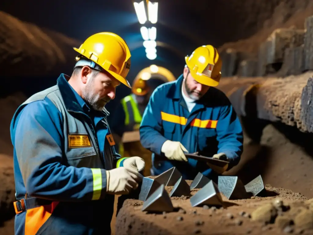 Un grupo de mineros experimentados inspecciona minuciosamente una colección de picos de minería, resaltando durabilidad y eficiencia