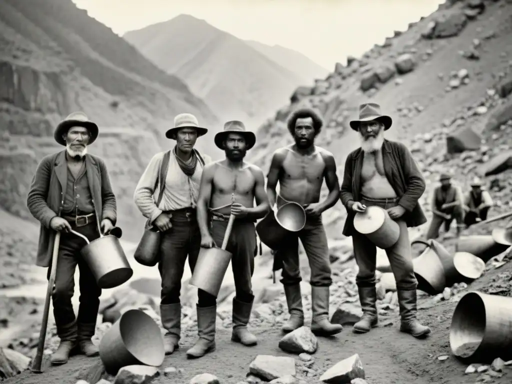 Grupo de mineros de la fiebre del oro, luchando en la montaña en blanco y negro