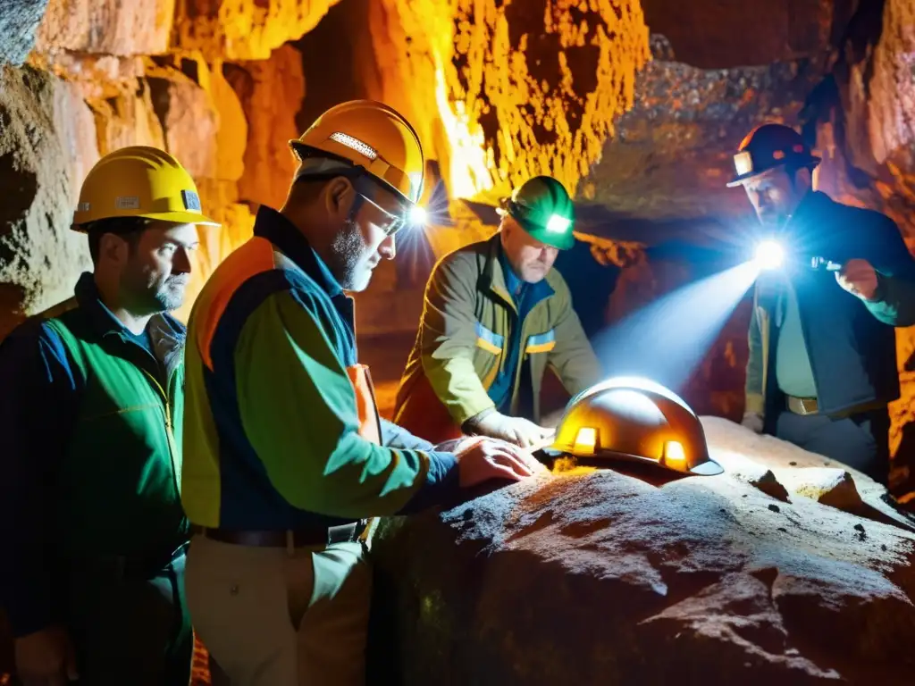 Un grupo de geólogos y mineros estudian una formación mineral en una mina subterránea