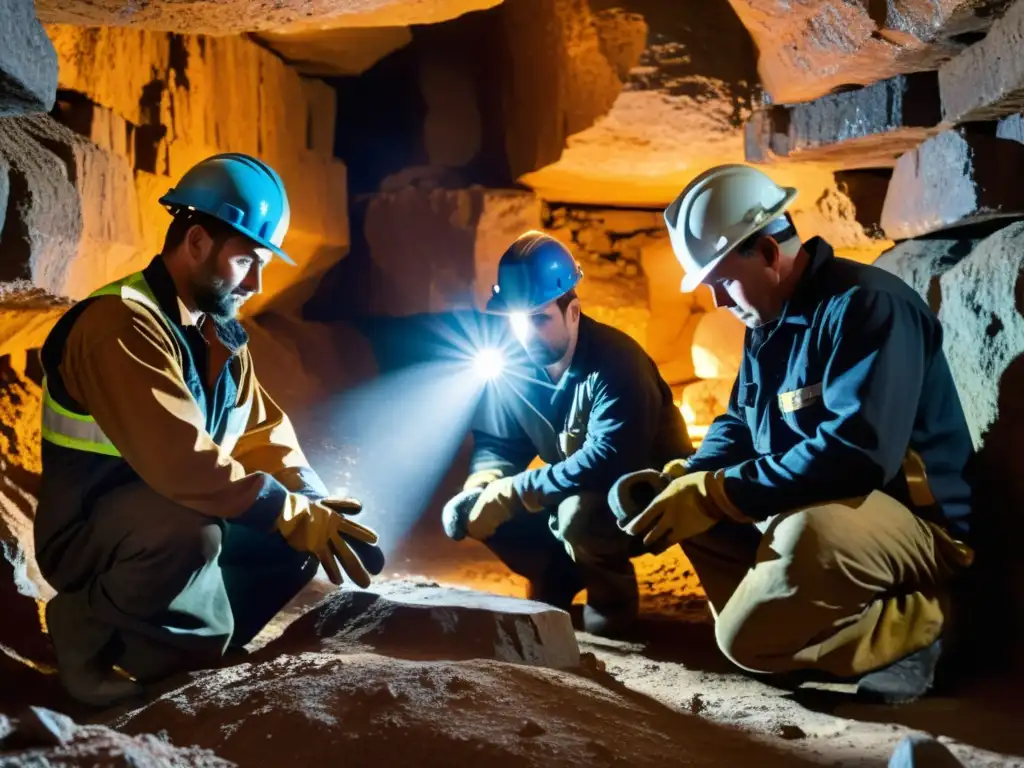 Un grupo de mineros usando guantes de trabajo resistentes en una mina subterránea, examinando rocas con linternas en mano