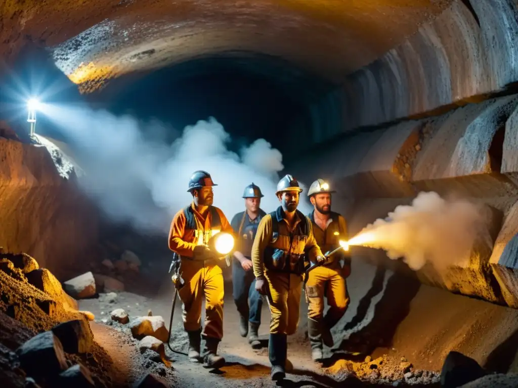 Un grupo de mineros usando headlamps y antorchas en un túnel oscuro en una mina