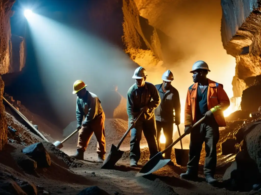 Un grupo de mineros utiliza herramientas tradicionales en una mina subterránea, mostrando la historia y la intensidad del trabajo minero