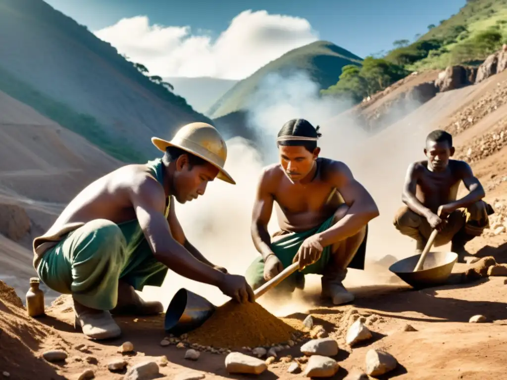 Grupo de mineros indígenas trabajando juntos en una mina artesanal en las montañas