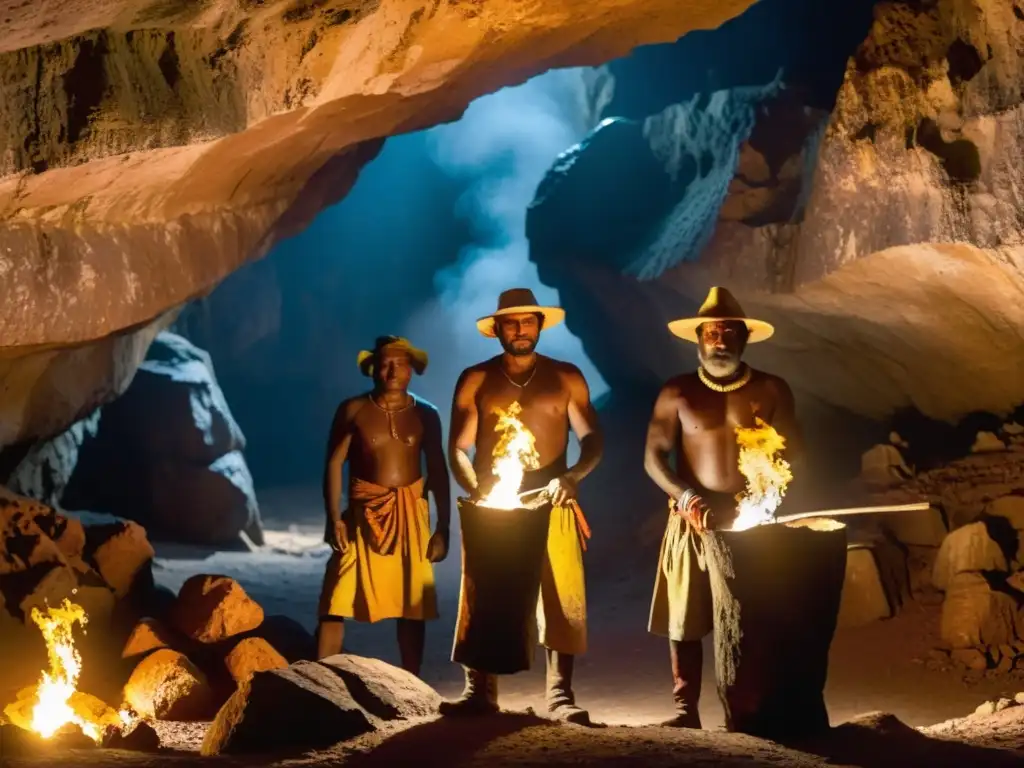 Grupo de mineros indígenas listos para adentrarse en la cueva iluminada, evocando relatos culturales extracción minerales