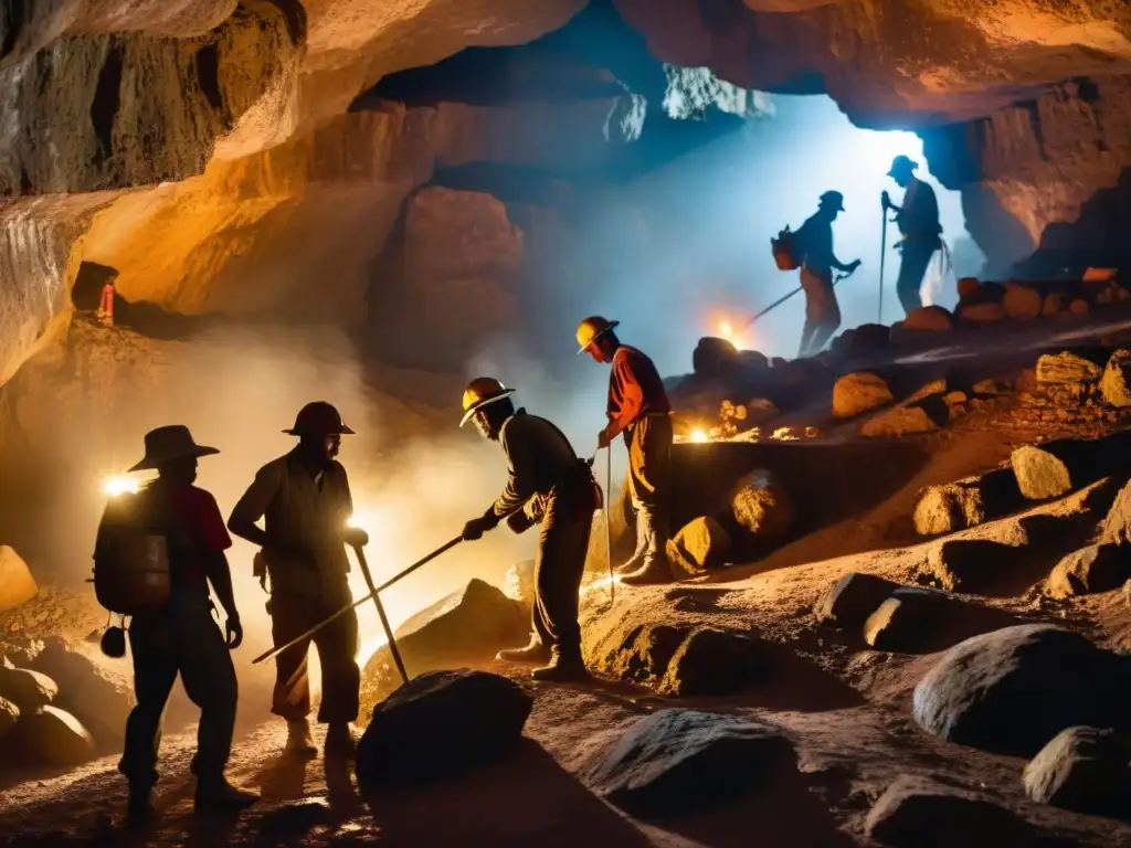 Un grupo de mineros indígenas extrae minerales en una cueva subterránea utilizando técnicas ancestrales, iluminados por tenues antorchas