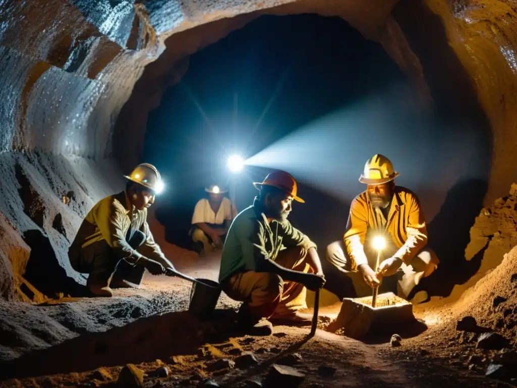 Un grupo de mineros indígenas extrae minerales en la oscuridad de la mina, mostrando la fusión de tradiciones culturales y la extracción de minerales