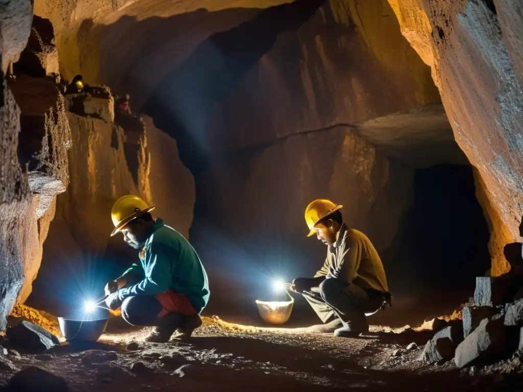 Grupo de mineros indígenas usando técnicas ancestrales para extraer minerales en túneles subterráneos iluminados por lámparas de cabeza, mostrando concentración y conexión profunda con la tierra