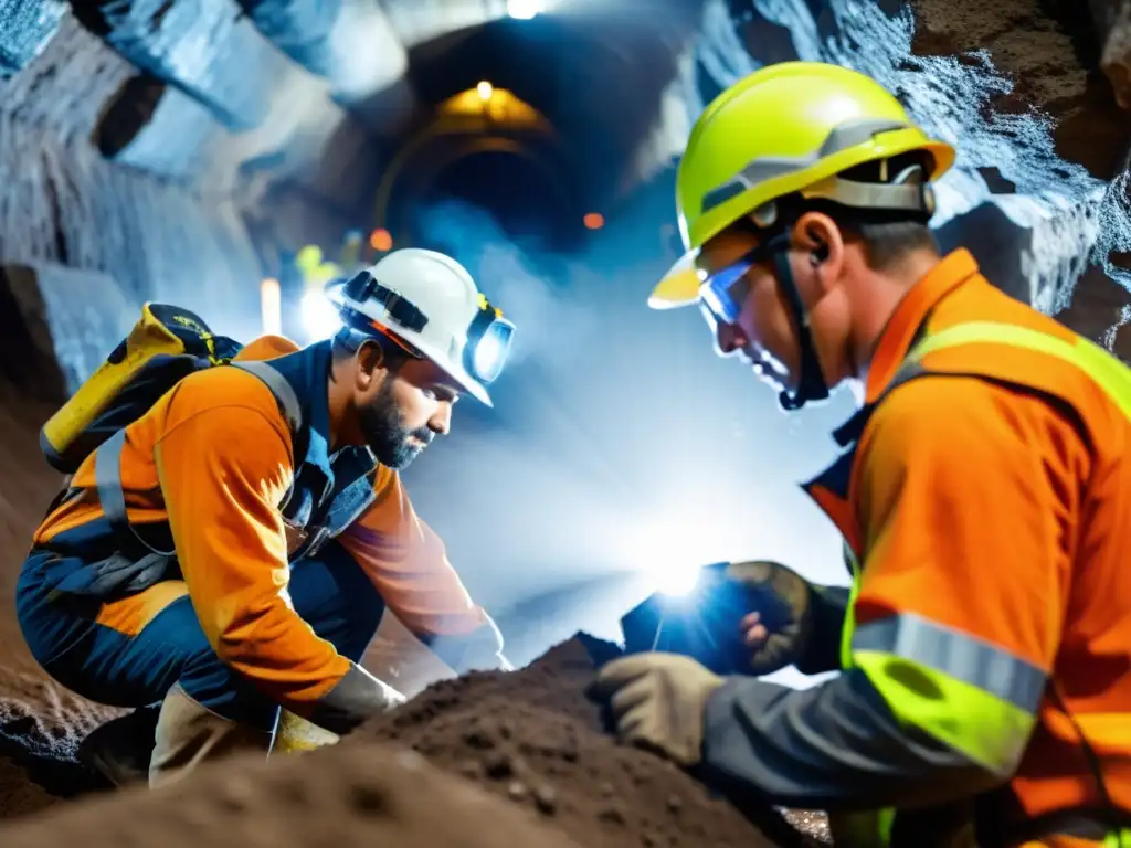 Un grupo de mineros con lámparas frontales y equipo de seguridad trabajando en una operación de minería digital subterránea