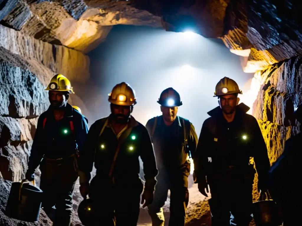 Grupo de mineros desciende con lámparas en la mina oscura, destacando la importancia de certificaciones en minería para carrera