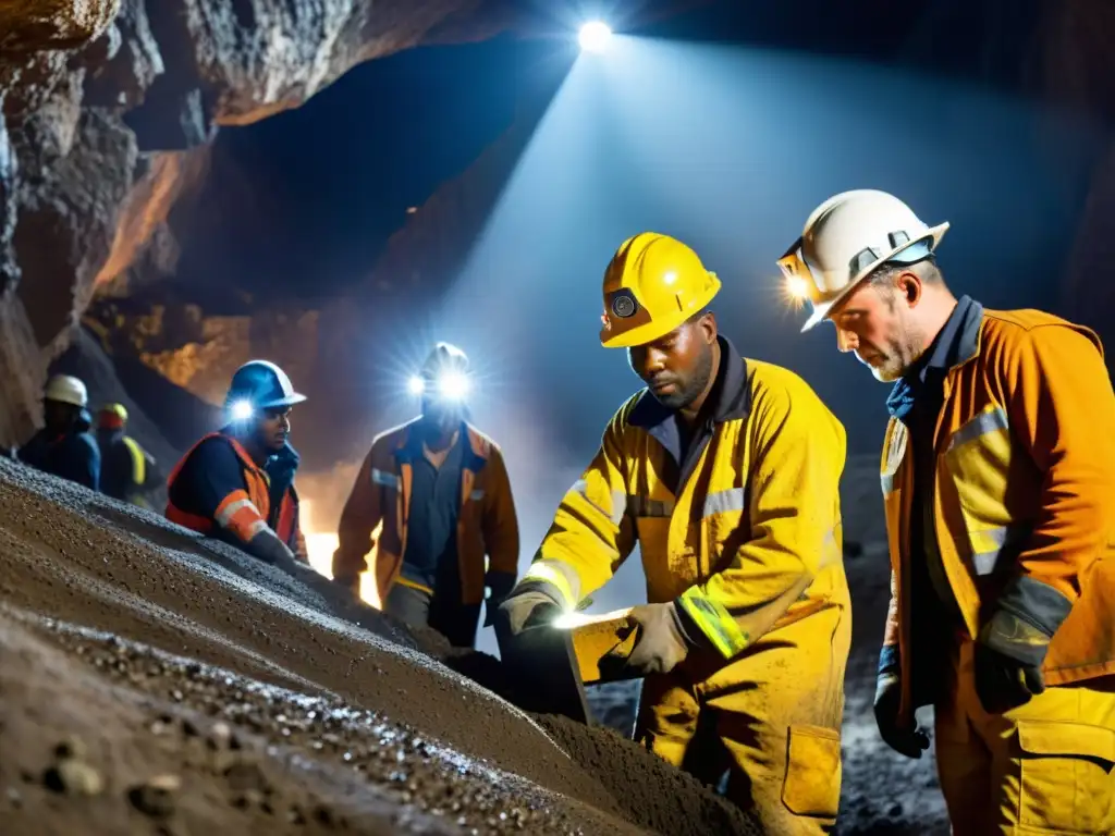 Un grupo de mineros trabajando con maquinaria avanzada en una mina subterránea, mostrando la complejidad de la minería