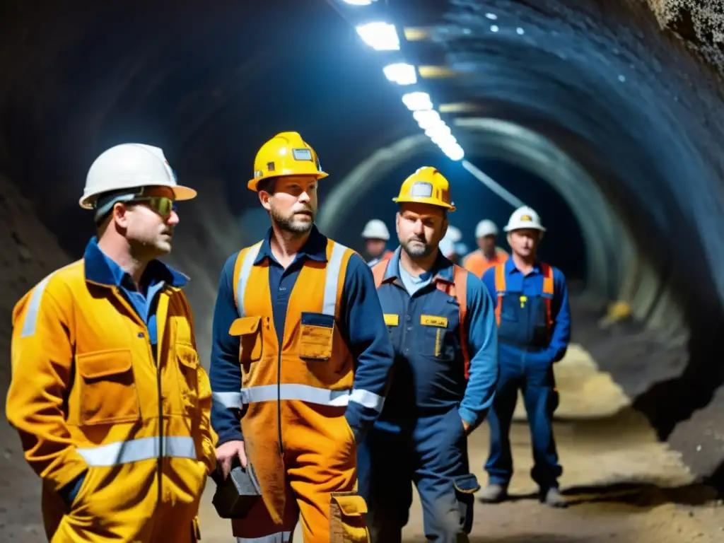 Un grupo de mineros operando maquinaria pesada en un entorno minero subterráneo, destacando la seguridad y comodidad de los monos de trabajo