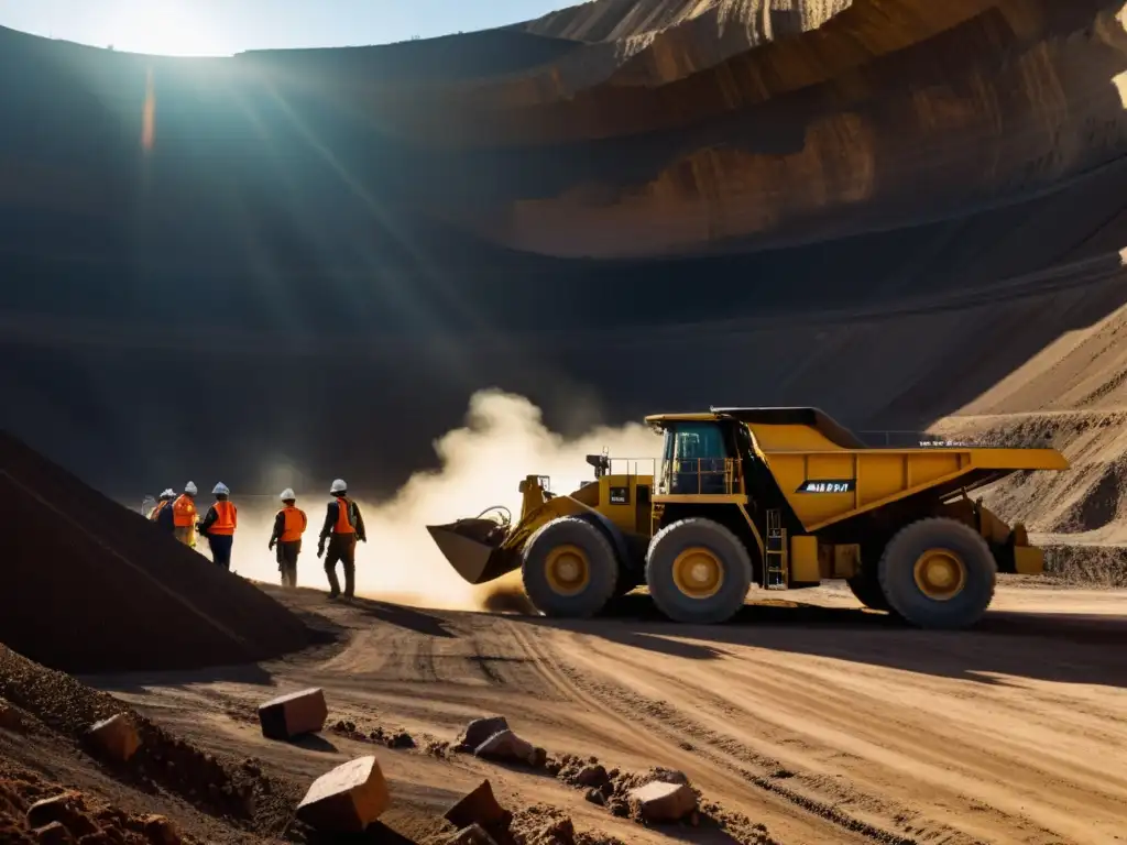 Un grupo de mineros opera maquinaria pesada en una mina a cielo abierto